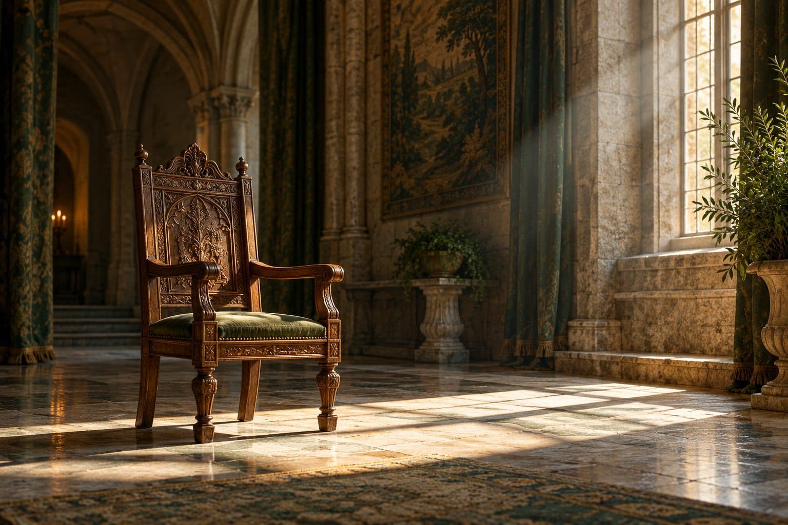 An empty carved wooden chair in a stone hall, lit by a shaft of daylight.