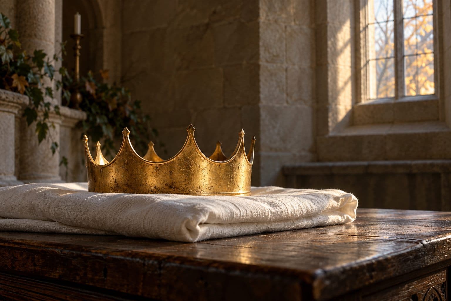A plain golden crown on folded white linen on a wooden table in a sunlit stone chapel.