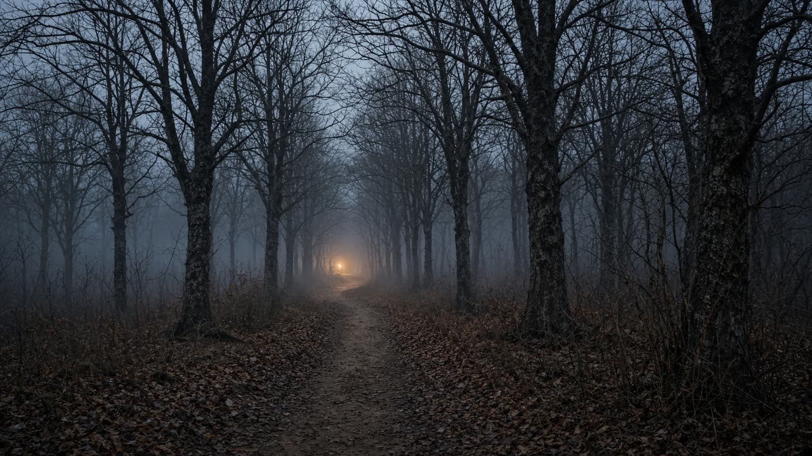 A woodland path leading toward the light.
