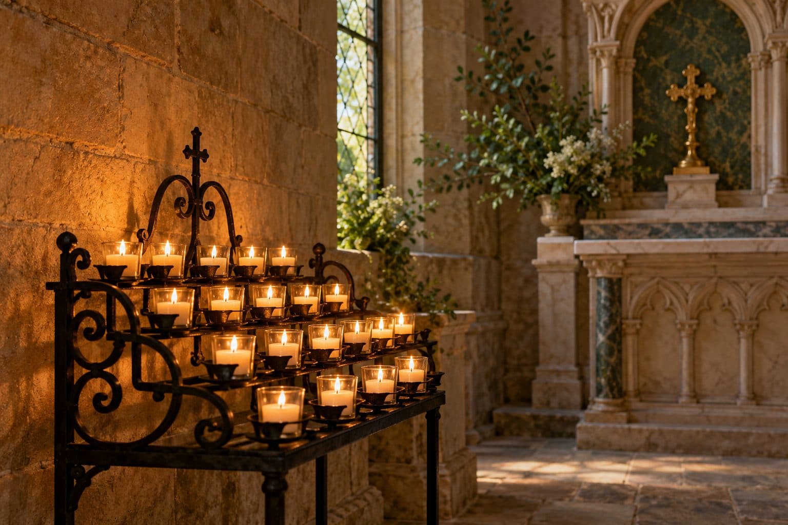 A stand of lit votive candles in a quiet stone side chapel.