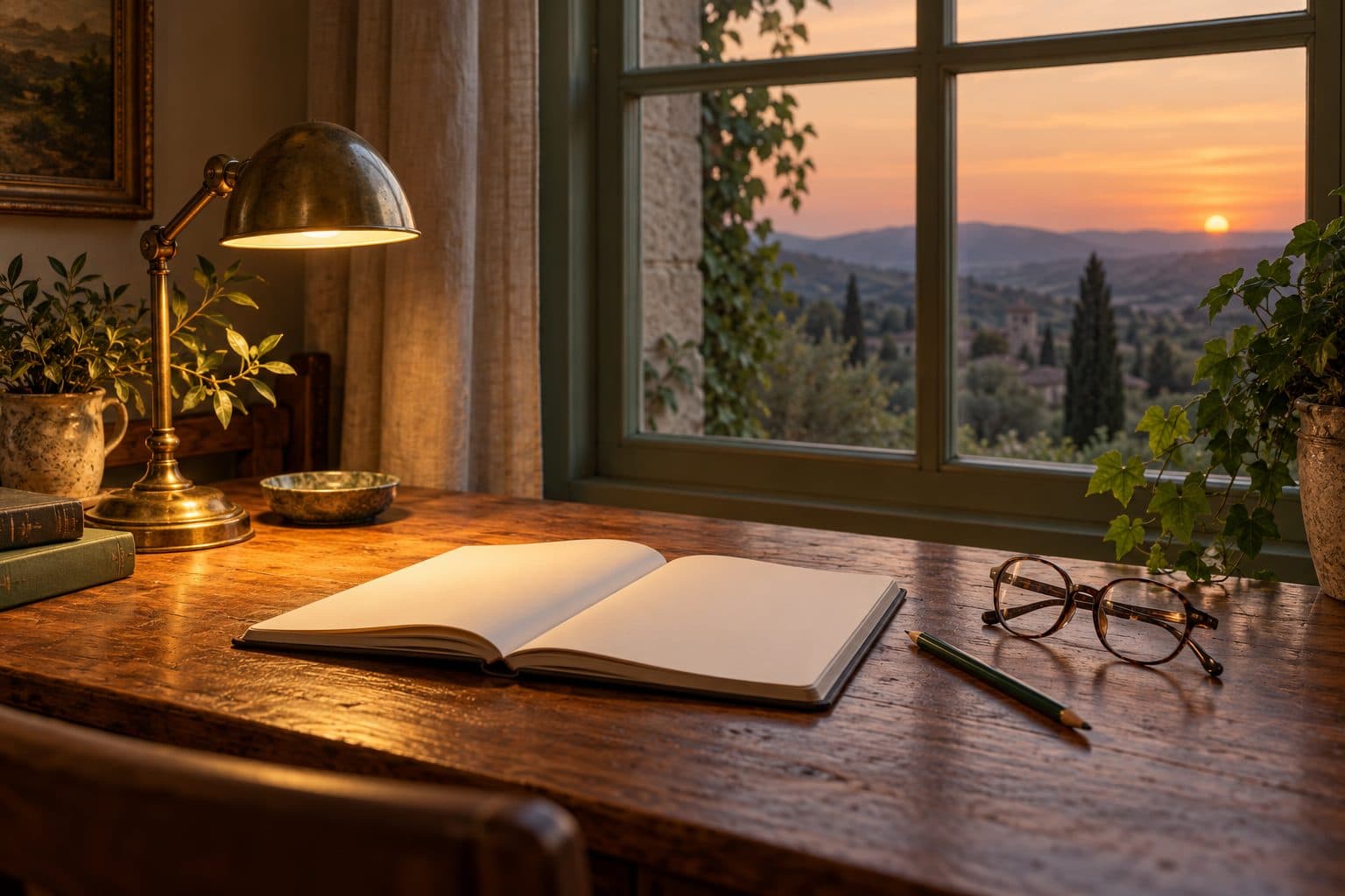 A reading desk at dusk with a lamp, an open notebook, a pencil and glasses.