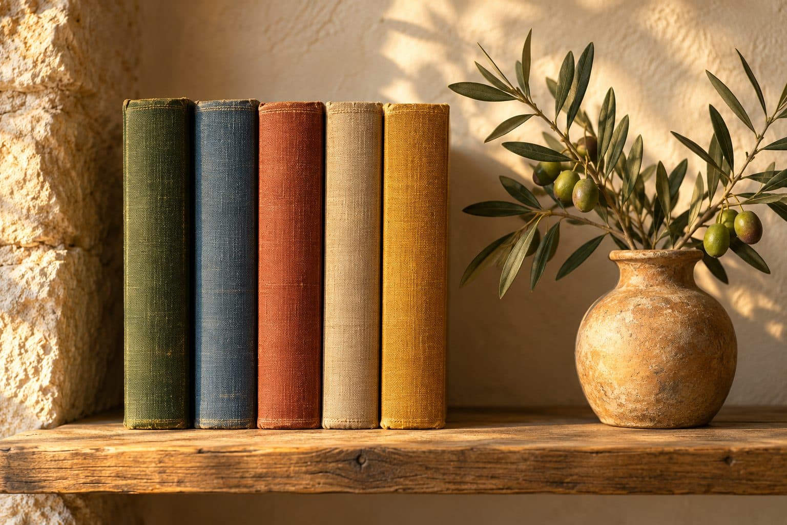 Five old cloth-bound books on a wooden shelf beside an olive sprig.