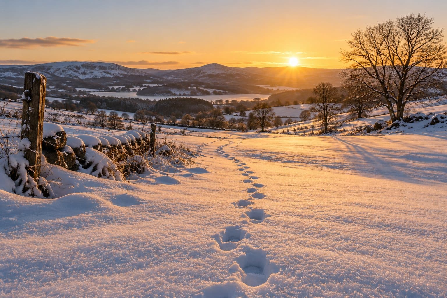 A line of footprints crossing a snowy field toward low hills and a lake at sunrise, a fence post and bare trees in golden light.