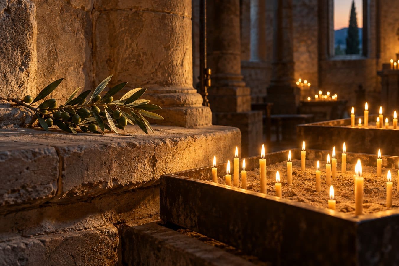 Rows of lit candles in sand trays and an olive branch on a stone ledge inside an old church at dusk.