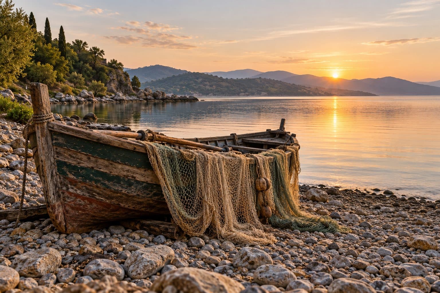 A wooden fishing boat drawn up on a pebble shore at dawn, nets over its side.