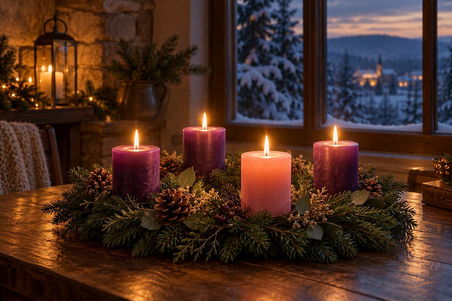 An Advent wreath with three violet candles and one rose candle, all lit.