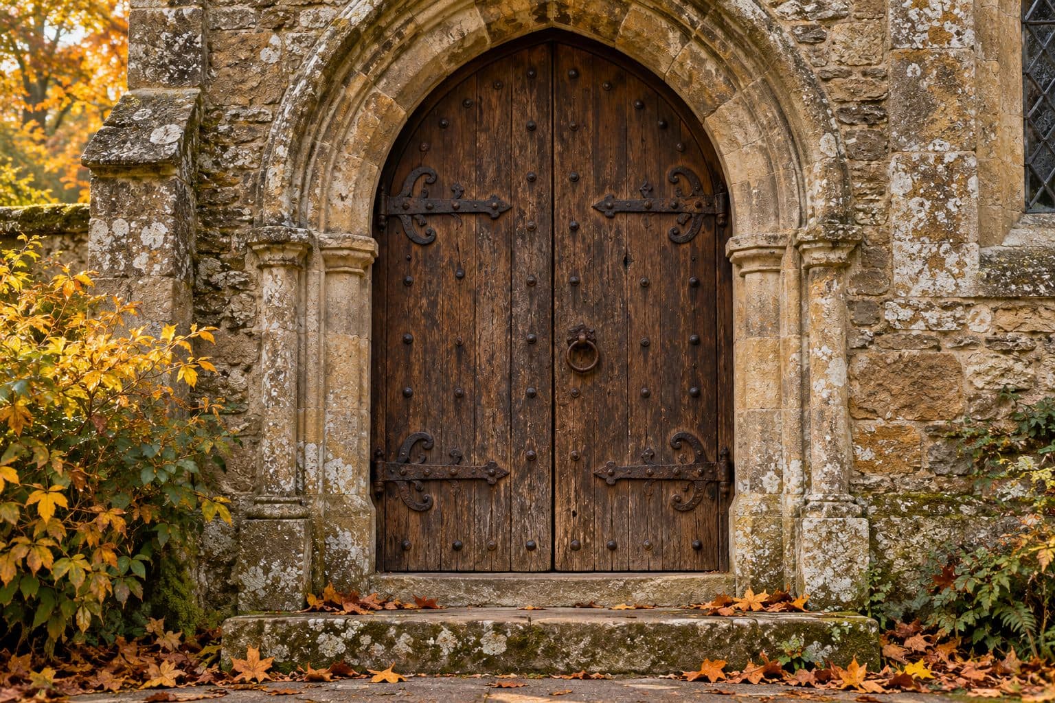 A heavy arched wooden church door with iron hinges in an old stone wall, autumn leaves on the step.