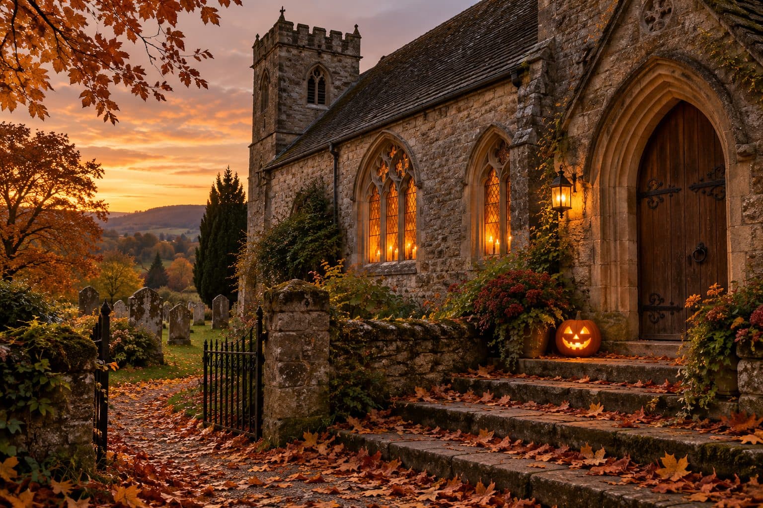 A carved pumpkin lantern on the steps of an old stone church on an autumn evening.