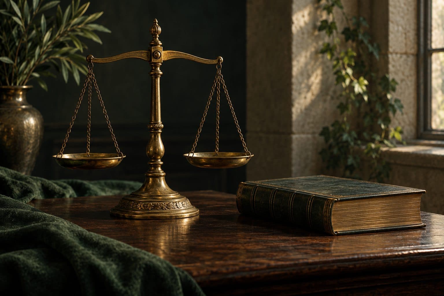 An antique brass balance scale beside a closed book on a dark table.