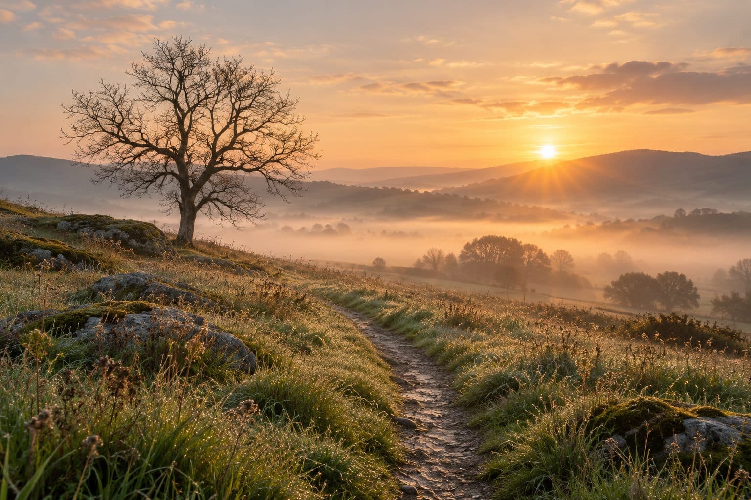 A narrow path through a misty meadow toward sunrise over low hills, a bare tree beside it.