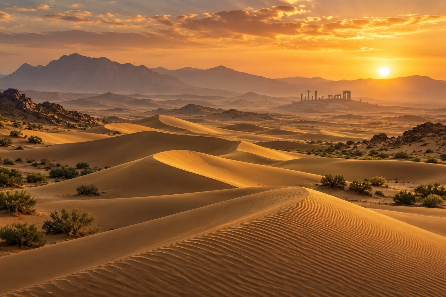 Desert dunes at sunset, with the faint outline of ancient stone columns far away.